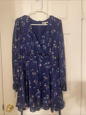 Inspired Hearts Deep Navy Floral Long Sleeve Faux-Wrap Dress
